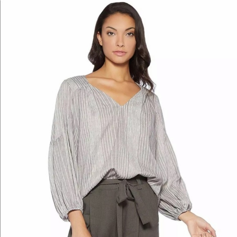 Avec Les Filles 'Not Your Peasant' Striped Bubble Sleeve Cotton Blouse Medium